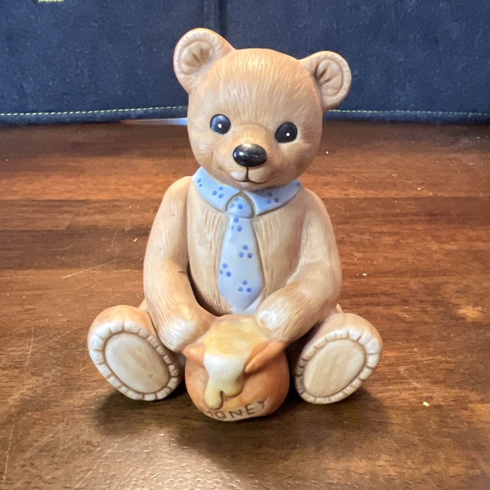 HOMCO Teddy Bear with Honey Pot 1980s Necktie Happy‎ #1405 Porcelain 4" VTG